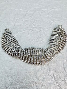 Vintage Multi Row Twist Clear Rhinestone Bracelet 7” Glam Bling Statement Estate
